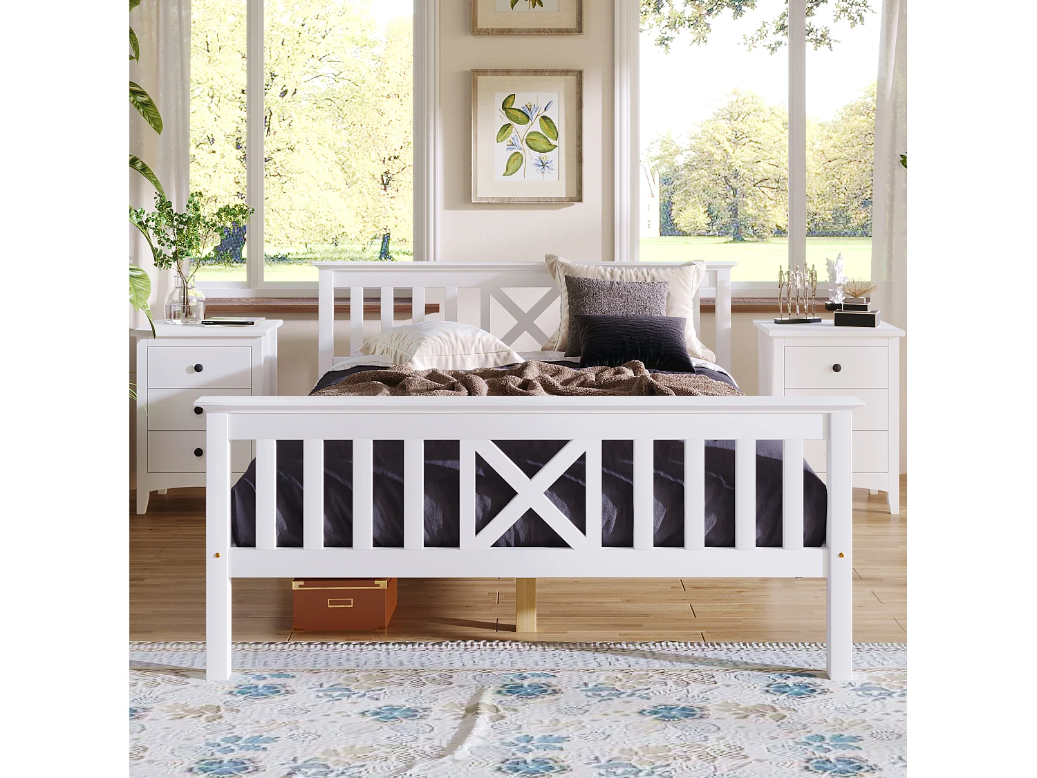 Houten bed met X-hoofdeinde, 140x200 cm, met houten bedframe en lattenbodem, modern design, wit, voor kinder- of jeugdkamer