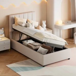 Hydraulisch kinderbed met opbergruimte, beige linnen stof, zachte vulling, multifunctioneel (203x90x105cm) Hydraulisch kinderbed met opbergruimte, beige linnen stof, zachte vulling, multifunctioneel (203x90x105cm)