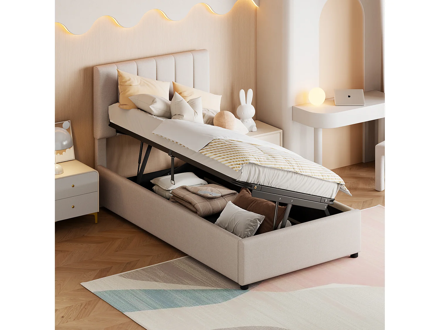 Hydraulisch kinderbed met opbergruimte, beige linnen stof, zachte vulling, multifunctioneel (203x90x105cm)
