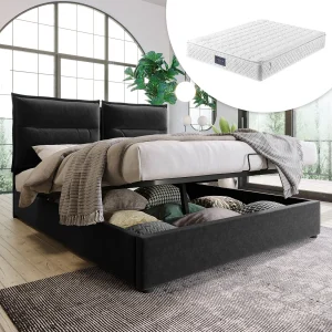 Hydraulisch bed met verstelbaar hoofdeinde, 140×200 cm, gestoffeerd bed met 2 opberglades, metalen frame en houten onderstel, grijs fluweel (met matras)