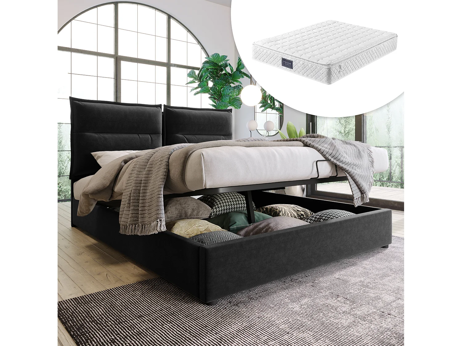 Hydraulisch bed met verstelbaar hoofdeinde, 140x200 cm, gestoffeerd bed met 2 opberglades, metalen frame en houten onderstel, grijs fluweel (met matras)