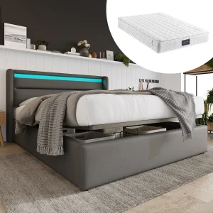 Hydraulisch tweepersoonsbed met opbergruimte, 160×200 cm, PU-frame, lichtgrijs (afmetingen: 203x171x110 cm) – met matras Hydraulisch tweepersoonsbed met opbergruimte, 160×200 cm, PU-frame, lichtgrijs (afmetingen: 203x171x110 cm) – met matras