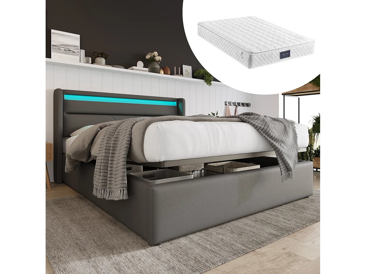 Hydraulisch tweepersoonsbed met opbergruimte, 160x200 cm, PU-frame, lichtgrijs (afmetingen: 203x171x110 cm) - met matras