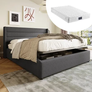 Hydraulisch opbergbed met matras, houten onderstel, metalen frame, grijze linnen bekleding (214,5×153,5×114 cm) Hydraulisch opbergbed met matras, houten onderstel, metalen frame, grijze linnen bekleding (214,5×153,5×114 cm)