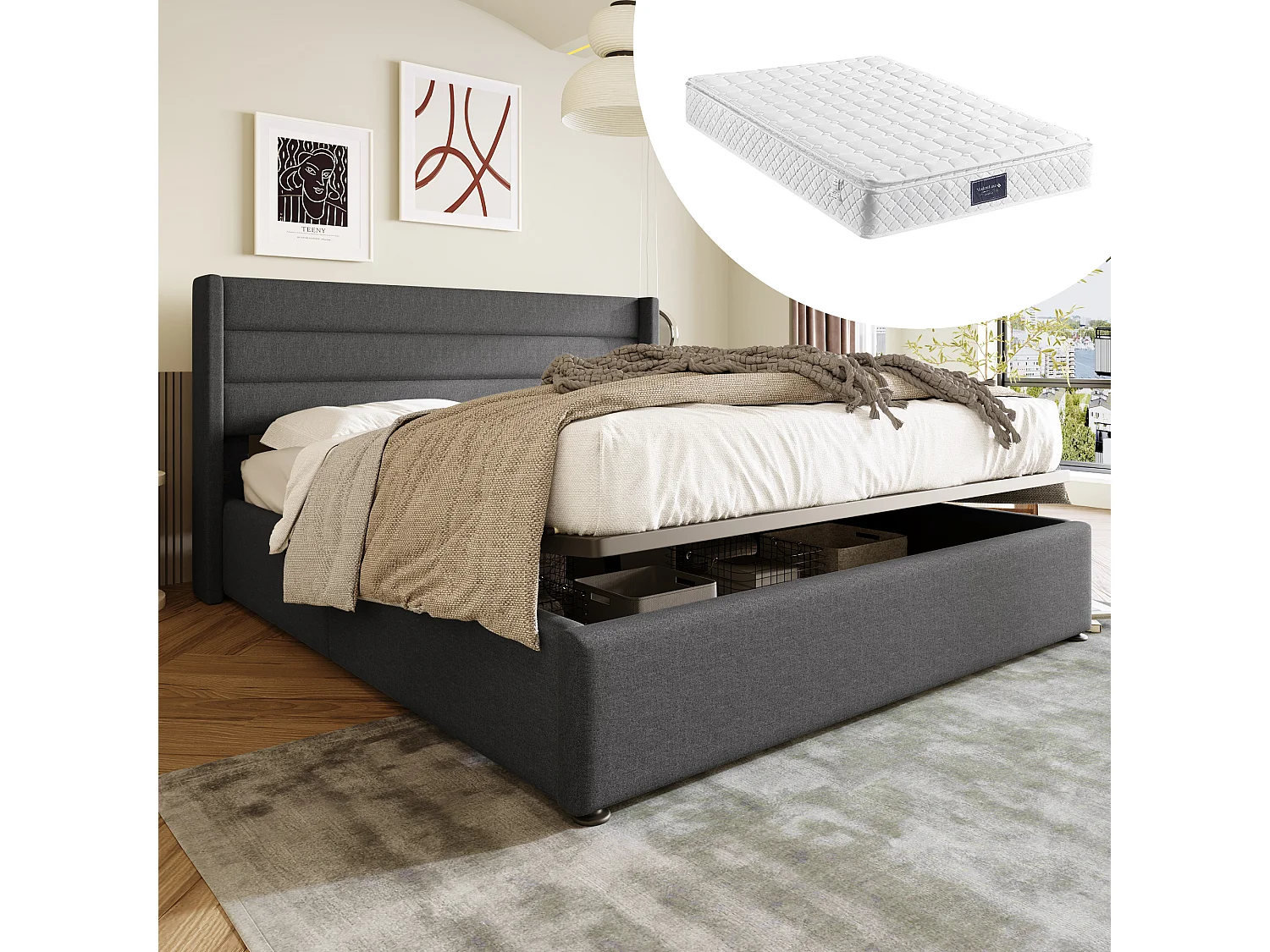 Hydraulisch opbergbed met matras, houten onderstel, metalen frame, grijze linnen bekleding (214,5x153,5x114 cm)