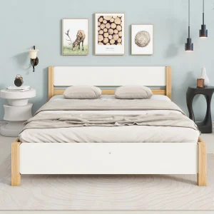 Houten tweepersoonsbed, met MDF hoofdeinde en voeteneinde, grenen frame met centrale poot, wit en naturel, 140×200 cm (207×147,5×82,5 cm) Houten tweepersoonsbed, met MDF hoofdeinde en voeteneinde, grenen frame met centrale poot, wit en naturel, 140×200 cm (207×147,5×82,5 cm)