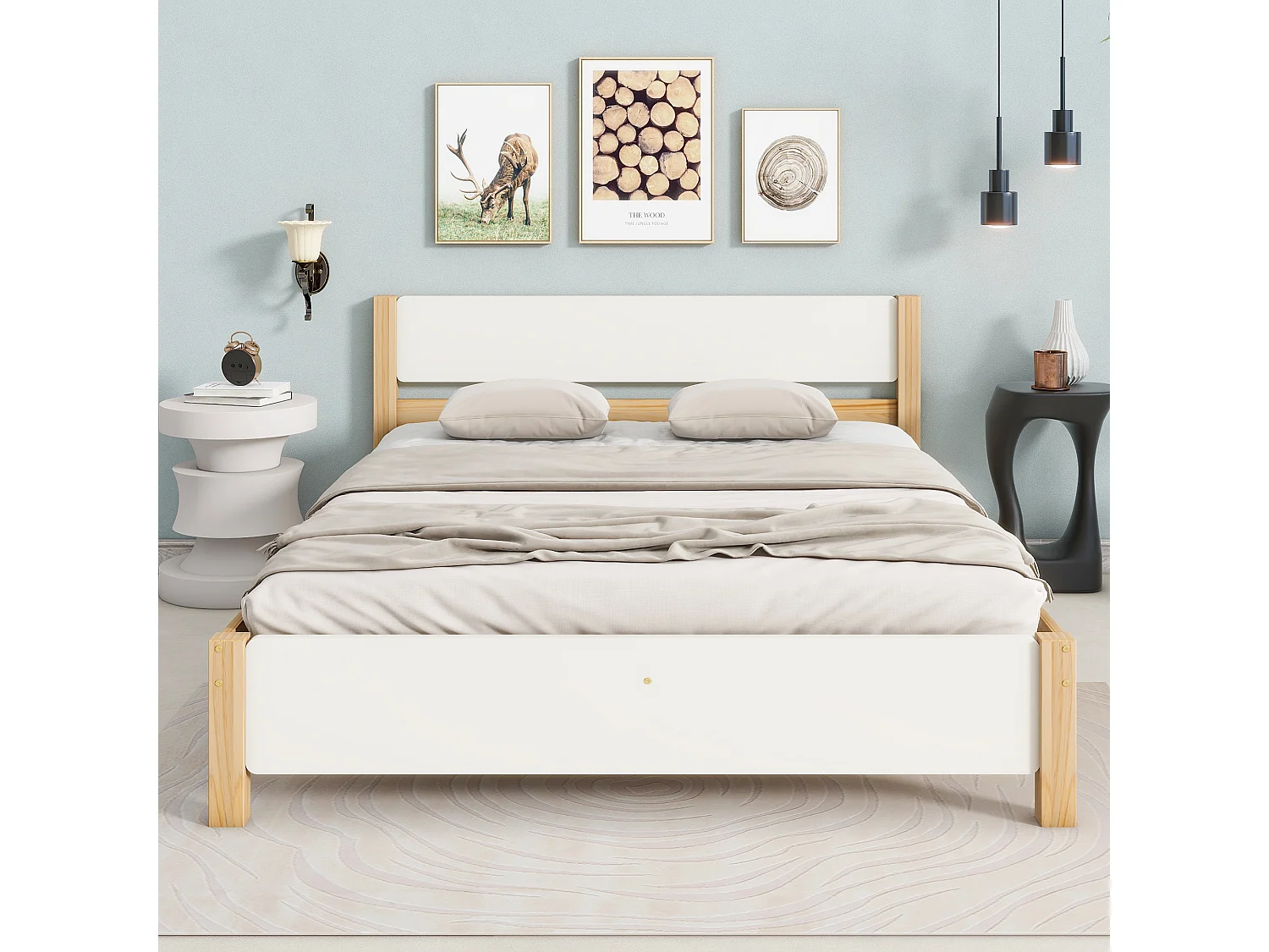 Houten tweepersoonsbed, met MDF hoofdeinde en voeteneinde, grenen frame met centrale poot, wit en naturel, 140x200 cm (207x147,5x82,5 cm)