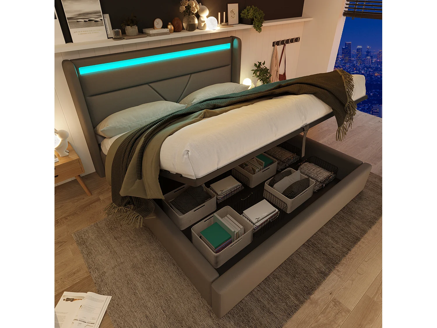Hydraulisch opbergbed met ledverlichting, grijze PU-bekleding, geïntegreerde opbergruimte, afstandsbediening (202x146x107,5 cm)