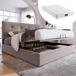 Hydraulisch bed met verstelbaar hoofdeinde, PU-leer, inclusief matras, lichtgrijs, met opbergruimte en lattenbodem (140×200 cm)