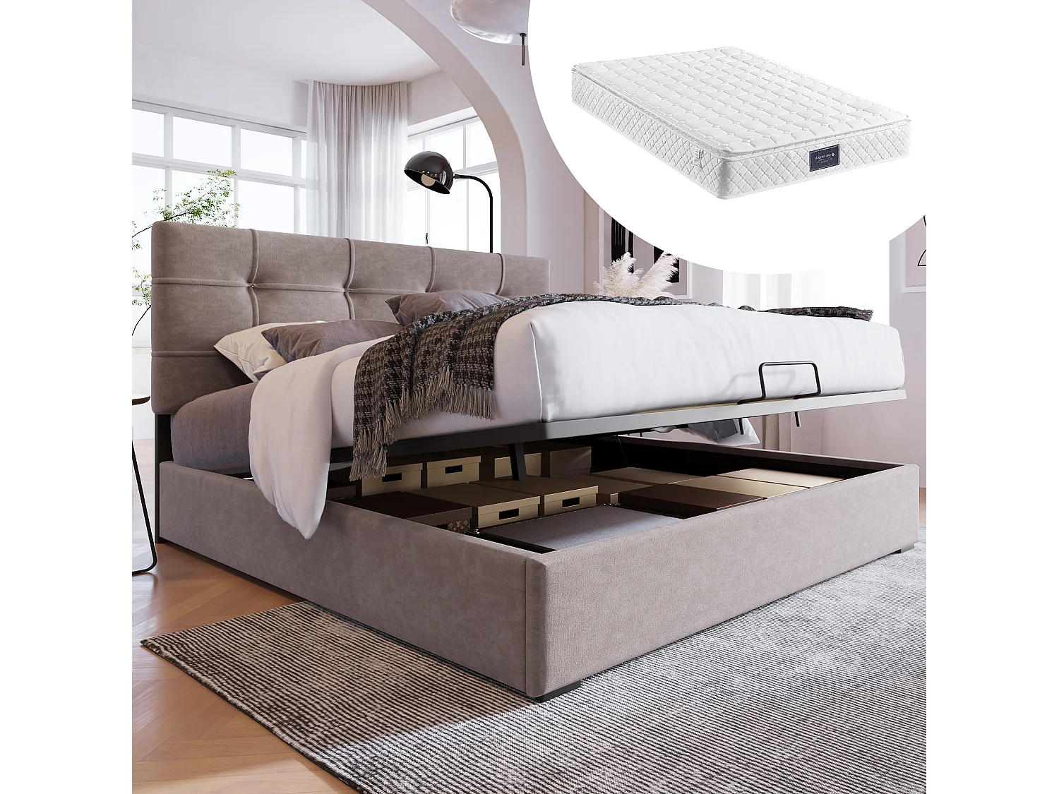 Hydraulisch bed met verstelbaar hoofdeinde, PU-leer, inclusief matras, lichtgrijs, met opbergruimte en lattenbodem (140x200 cm)