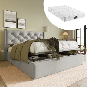 Hydraulisch bed met verstelbaar hoofdeinde, 140×200 cm, fluweel, lichtgrijs, opbergbed inclusief matras (203x151x110 cm)