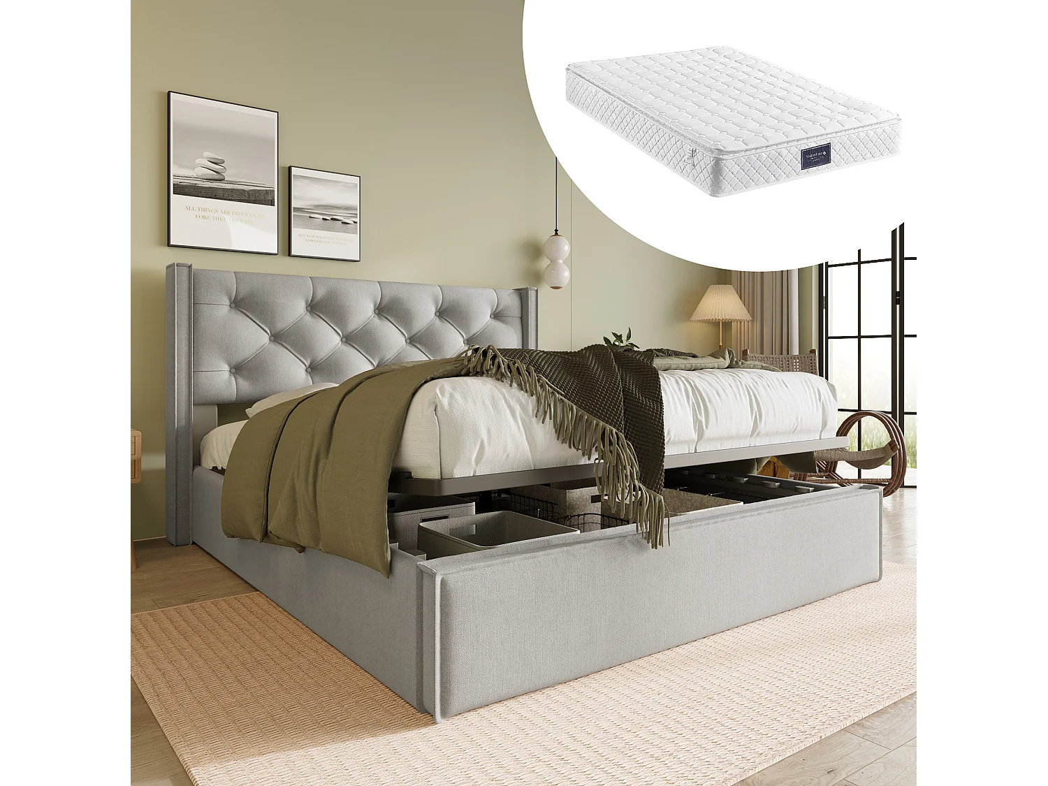 Hydraulisch bed met verstelbaar hoofdeinde, 140x200 cm, fluweel, lichtgrijs, opbergbed inclusief matras (203x151x110 cm)