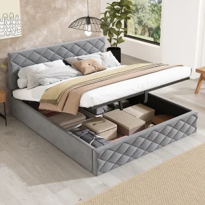 Hydraulisch bed 140×200 cm, met lattenbodem en opbergruimte, elegant design, fluweel, grijs (140x200x98 cm) Hydraulisch bed 140×200 cm, met lattenbodem en opbergruimte, elegant design, fluweel, grijs (140x200x98 cm)