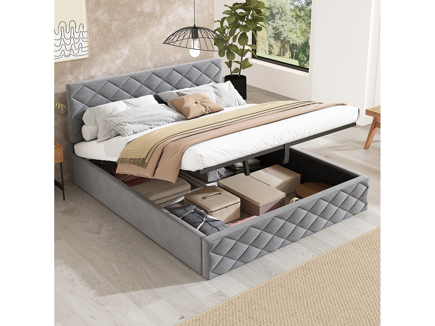Hydraulisch bed 140x200 cm, met lattenbodem en opbergruimte, elegant design, fluweel, grijs (140x200x98 cm)