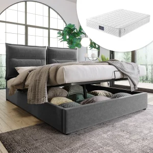 Hydraulisch bed met verstelbaar hoofdeinde, 140×200 cm, gestoffeerd bed met 2 opberglades, metalen frame en houten onderstel, grijs fluweel (met matras)
