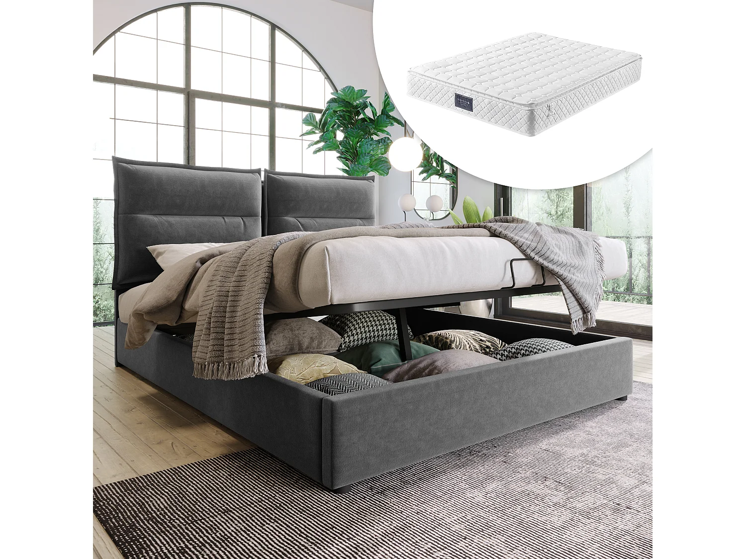 Hydraulisch bed met verstelbaar hoofdeinde, 140x200 cm, gestoffeerd bed met 2 opberglades, metalen frame en houten onderstel, grijs fluweel (met matras)