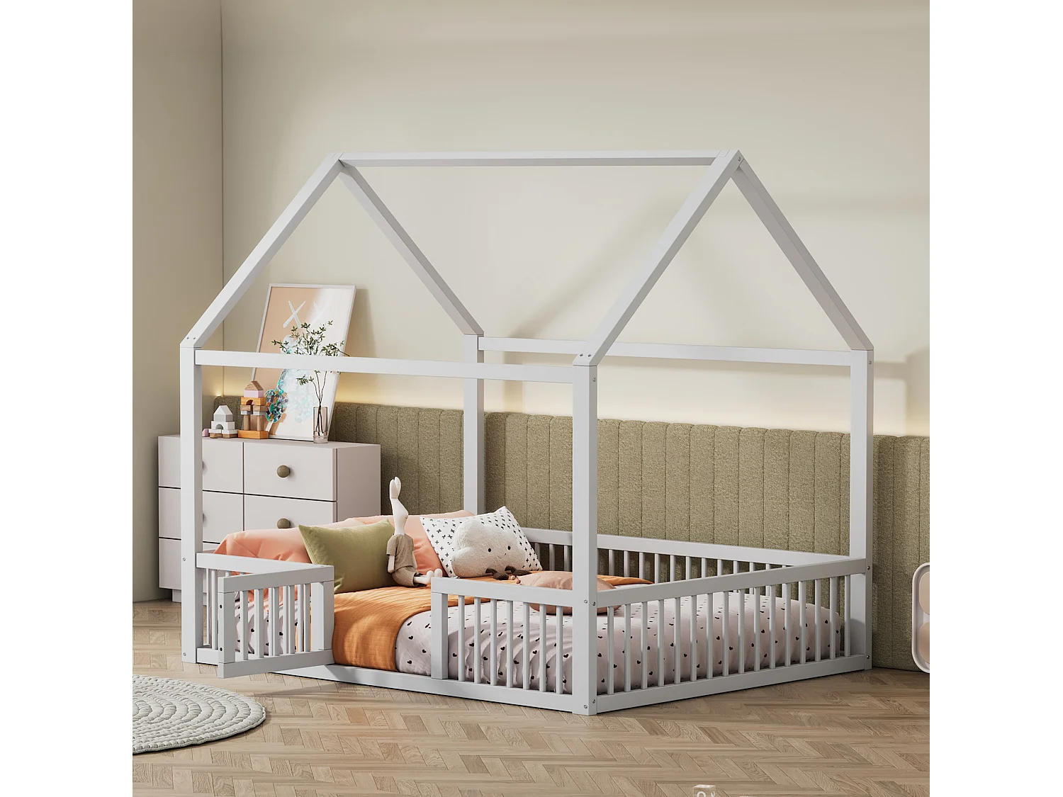 Huisbed 140x200cm, dakbed met veiligheidsbarrière, massief houten design, wit (204,5x145x191,5 cm)