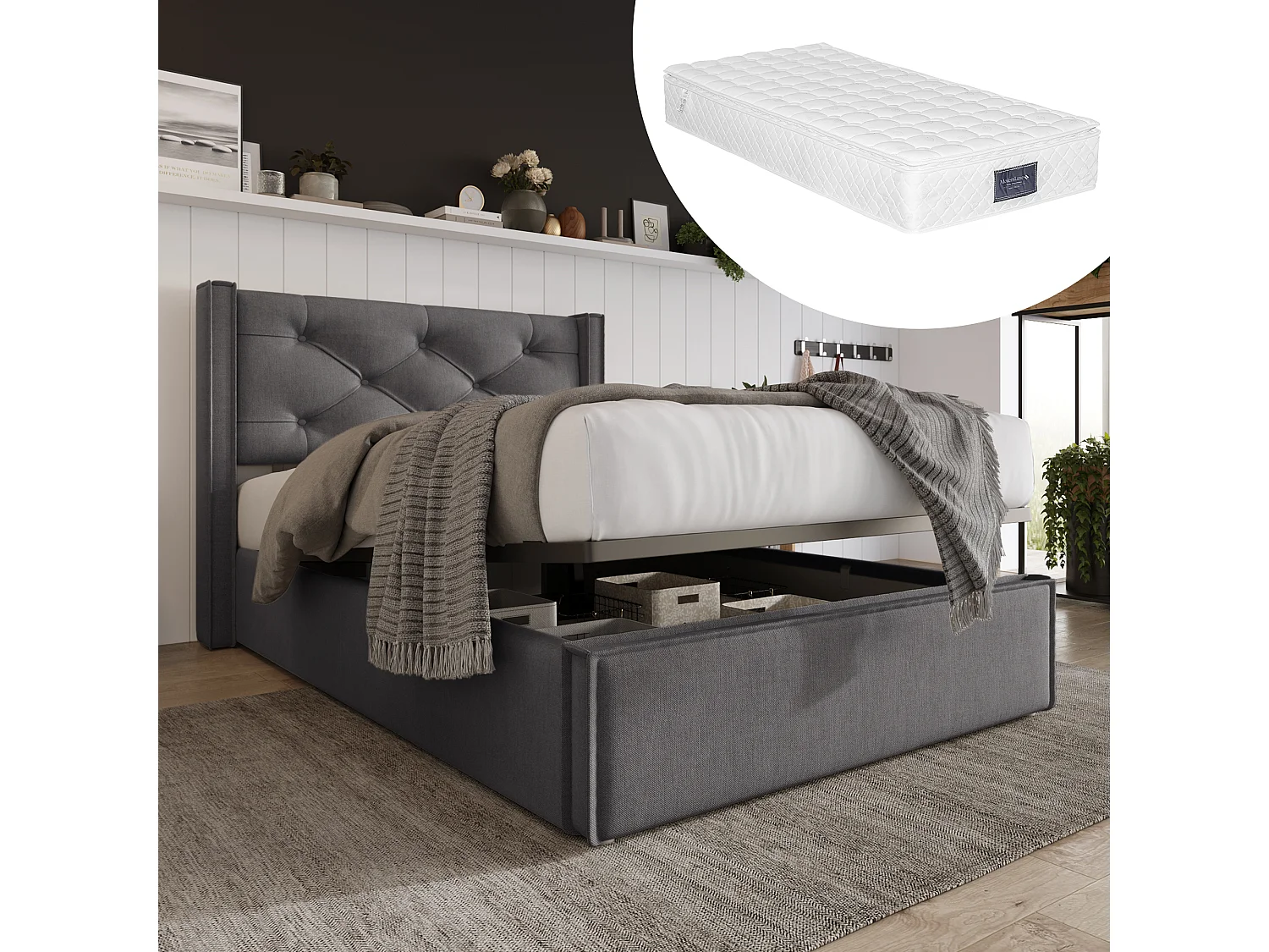 Hydraulisch bed 90x200 cm, Verstelbaar hoofdeinde, Opbergruimte, Inclusief matras, Fluweel, Grijs (203x101x110 cm)