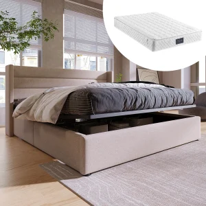 Hydraulisch opbergbed met matras, houten onderstel en metalen frame, beige linnen bekleding (214,5×153,5×114 cm) Hydraulisch opbergbed met matras, houten onderstel en metalen frame, beige linnen bekleding (214,5×153,5×114 cm)