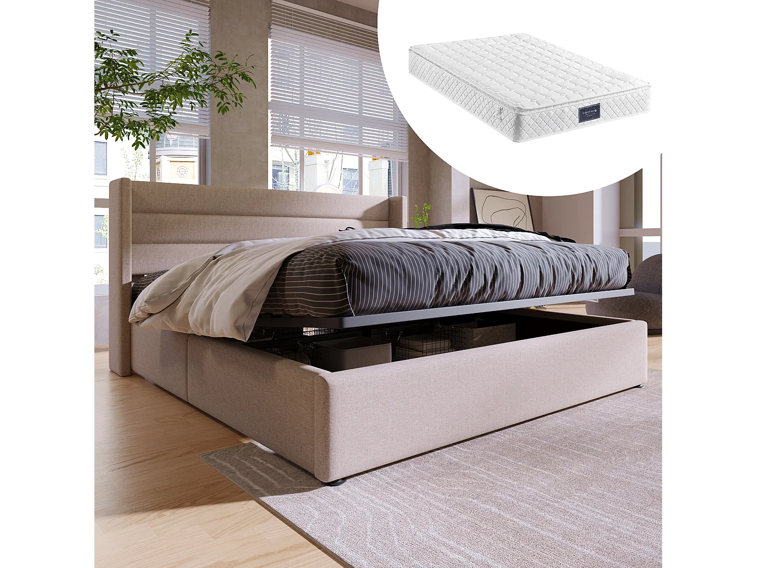Hydraulisch opbergbed met matras, houten onderstel en metalen frame, beige linnen bekleding (214,5x153,5x114 cm)