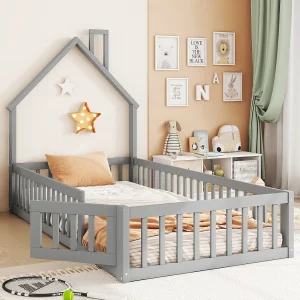 Huisbed 90×200 cm, kinderbed met spijlen, grenenhout, grijs, minimalistisch design (205x95x138,7 cm)