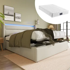Hydraulisch tweepersoonsbed met opbergruimte en LED, 160×200 cm, PU-frame, lichtgrijs (afmetingen: 203x171x110 cm) – met matras Hydraulisch tweepersoonsbed met opbergruimte en LED, 160×200 cm, PU-frame, lichtgrijs (afmetingen: 203x171x110 cm) – met matras
