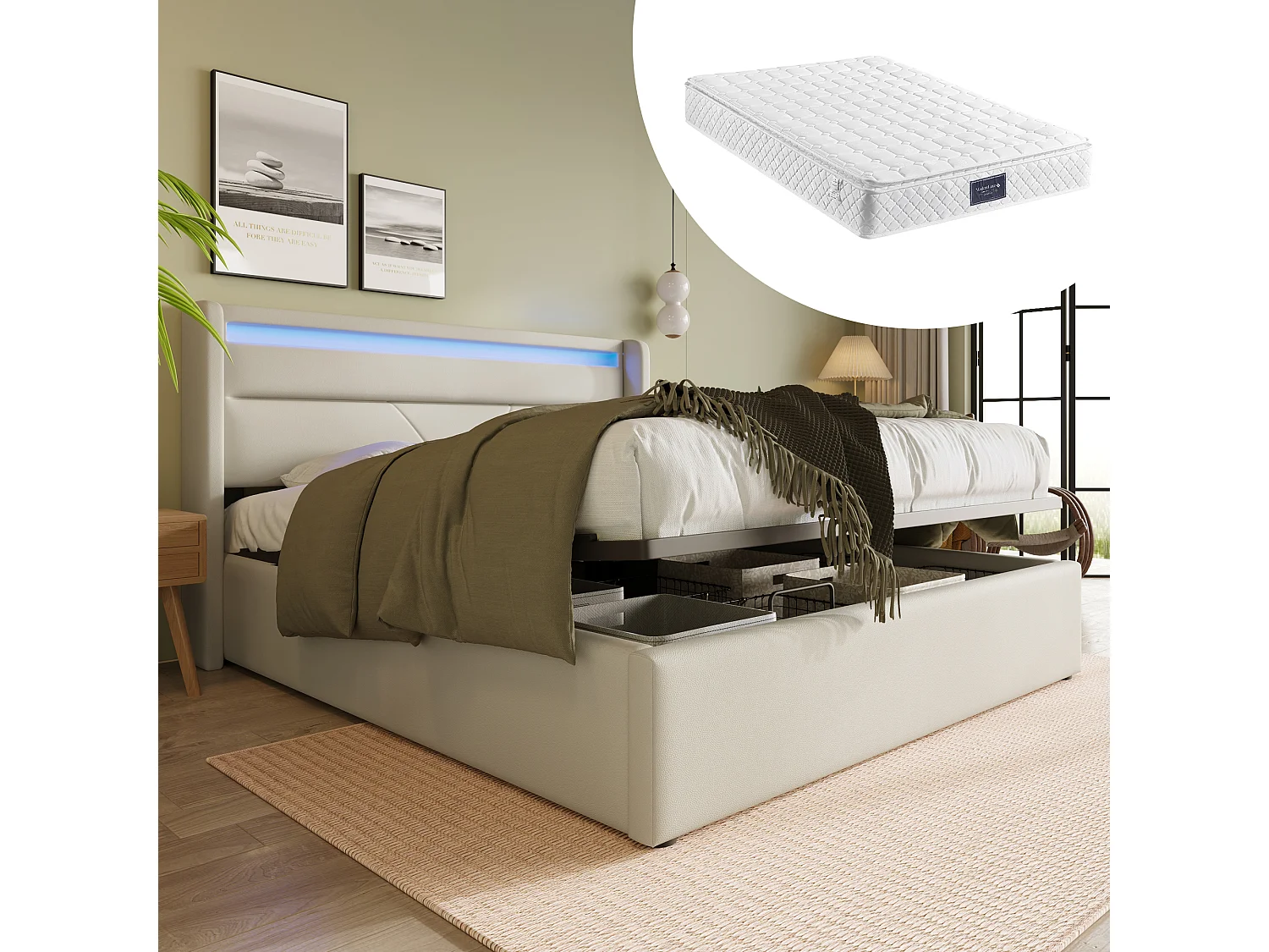 Hydraulisch tweepersoonsbed met opbergruimte en LED, 160x200 cm, PU-frame, lichtgrijs (afmetingen: 203x171x110 cm) - met matras