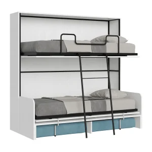 Kando tweepersoonsbed met bank en matrassen in wit essenhout, lichtblauw Kando tweepersoonsbed met bank en matrassen in wit essenhout, lichtblauw