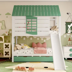 Hoog bed met glijbaan voor kinderen, 90x201cm, wit+groen. Hoog bed met glijbaan voor kinderen, 90x201cm, wit+groen.