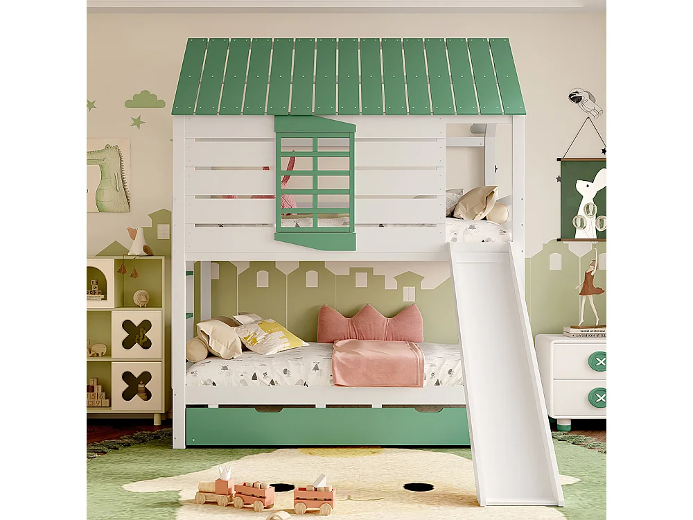Hoog bed met glijbaan voor kinderen, 90x201cm, wit+groen.