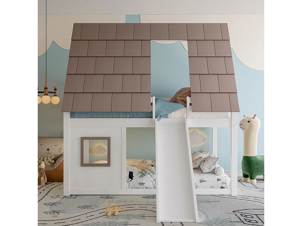 Houten stapelbed, 140x200, wit+bruin.