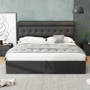 Hydraulisch tweepersoons opbergbed 180×200 cm, zwart PU met lattenbodem (zonder matras) Hydraulisch tweepersoons opbergbed 180×200 cm, zwart PU met lattenbodem (zonder matras)