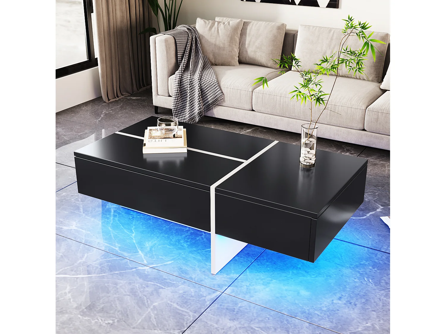 Hoogglans salontafel met LED-strip, zwart-witte colorblockstructuur, met 4 opbergladen (100x50x34,5 cm)