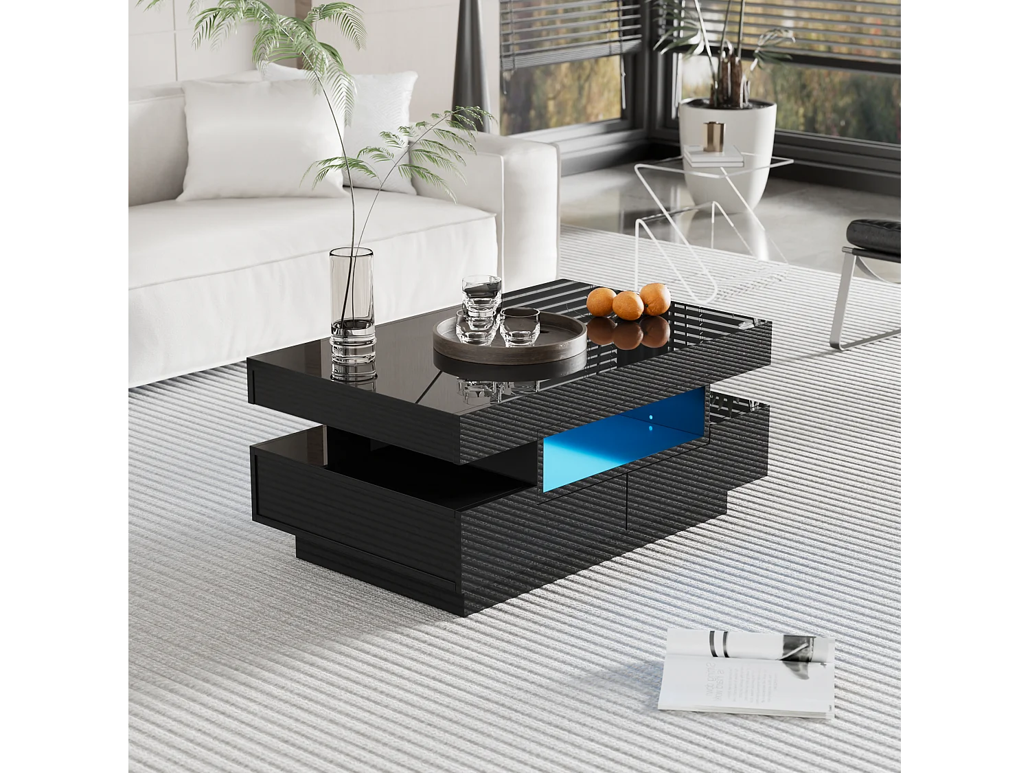 Hoogglans salontafel met LED, vier lades, grote opbergruimte (80x50x36 cm)