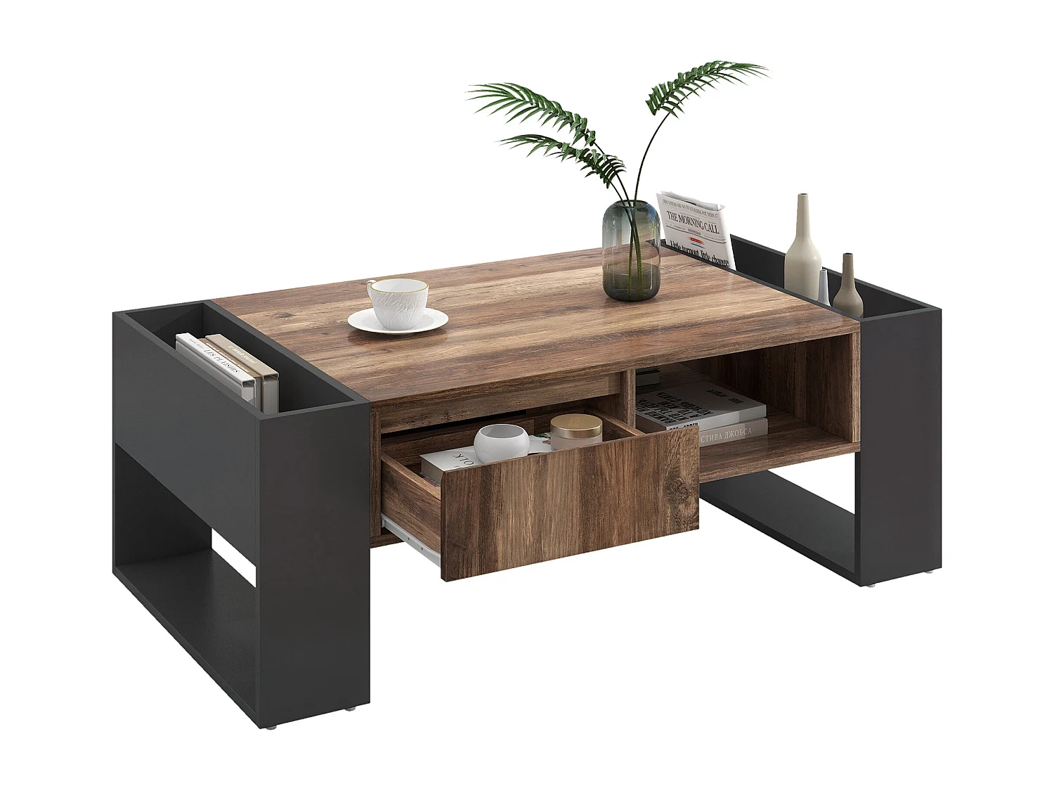 Houten salontafel, met greeploze lade, opbergruimte voor en achter, dubbele opbergruimte, MDF, antracietgrijs (111x60x40 cm)
