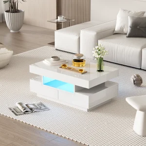 Hoogglans salontafel met ledverlichting, vier lades en veel opbergruimte (80x50x36 cm) Hoogglans salontafel met ledverlichting, vier lades en veel opbergruimte (80x50x36 cm)