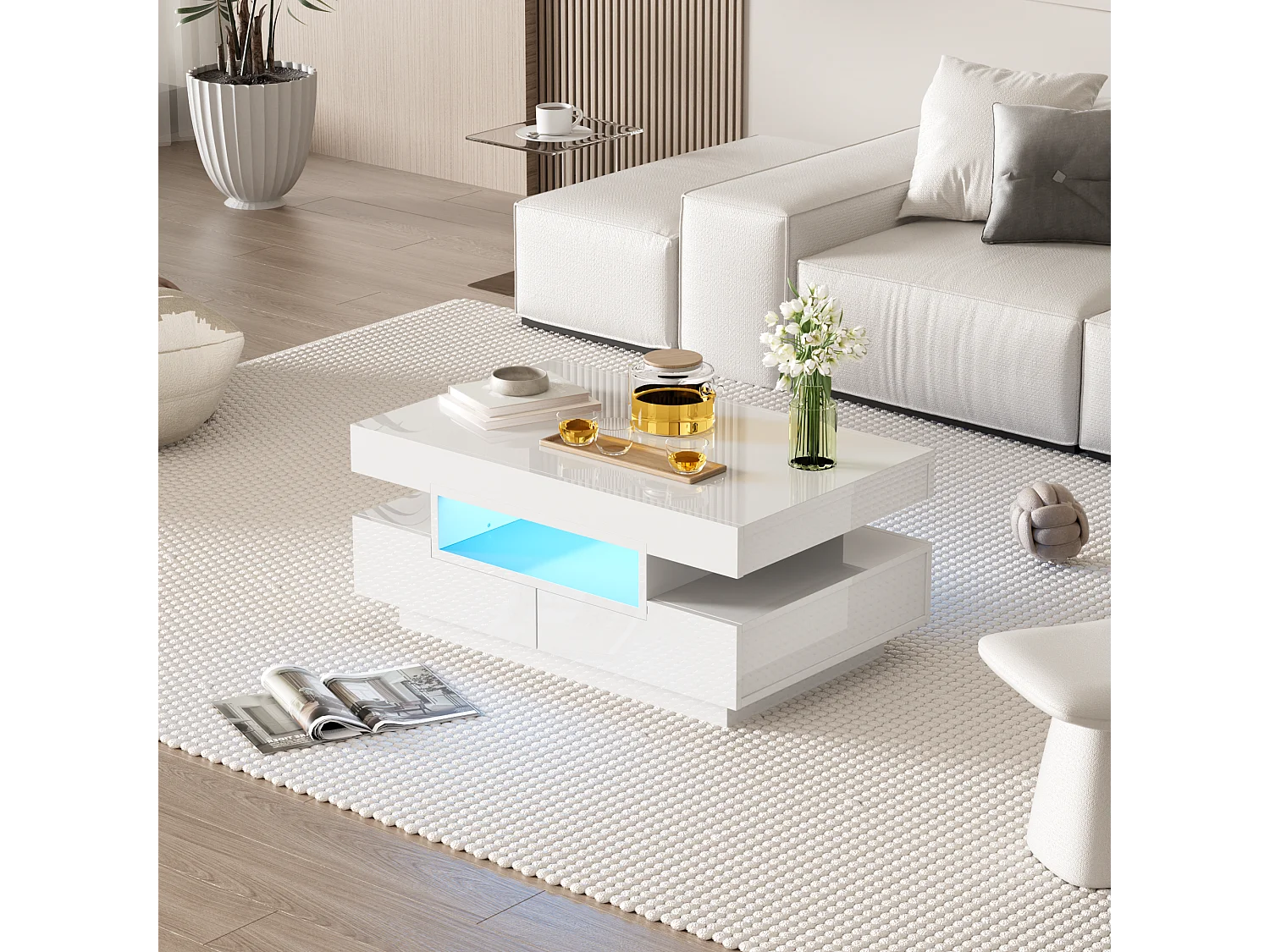 Hoogglans salontafel met ledverlichting, vier lades en veel opbergruimte (80x50x36 cm)