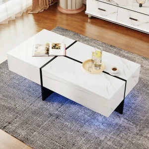 Hoogglans salontafel met wit marmerlook oppervlak, zwarte colorblockstructuur, met app-gestuurde ledverlichting (100x50x34,5 cm) Hoogglans salontafel met wit marmerlook oppervlak, zwarte colorblockstructuur, met app-gestuurde ledverlichting (100x50x34,5 cm)