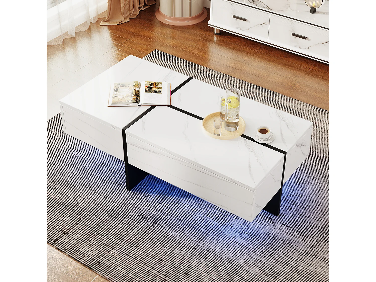 Hoogglans salontafel met wit marmerlook oppervlak, zwarte colorblockstructuur, met app-gestuurde ledverlichting (100x50x34,5 cm)