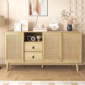 Houten dressoir met 3 deuren en 2 lades voor multifunctionele opbergruimte 155x38x80 cm Houten dressoir met 3 deuren en 2 lades voor multifunctionele opbergruimte 155x38x80 cm