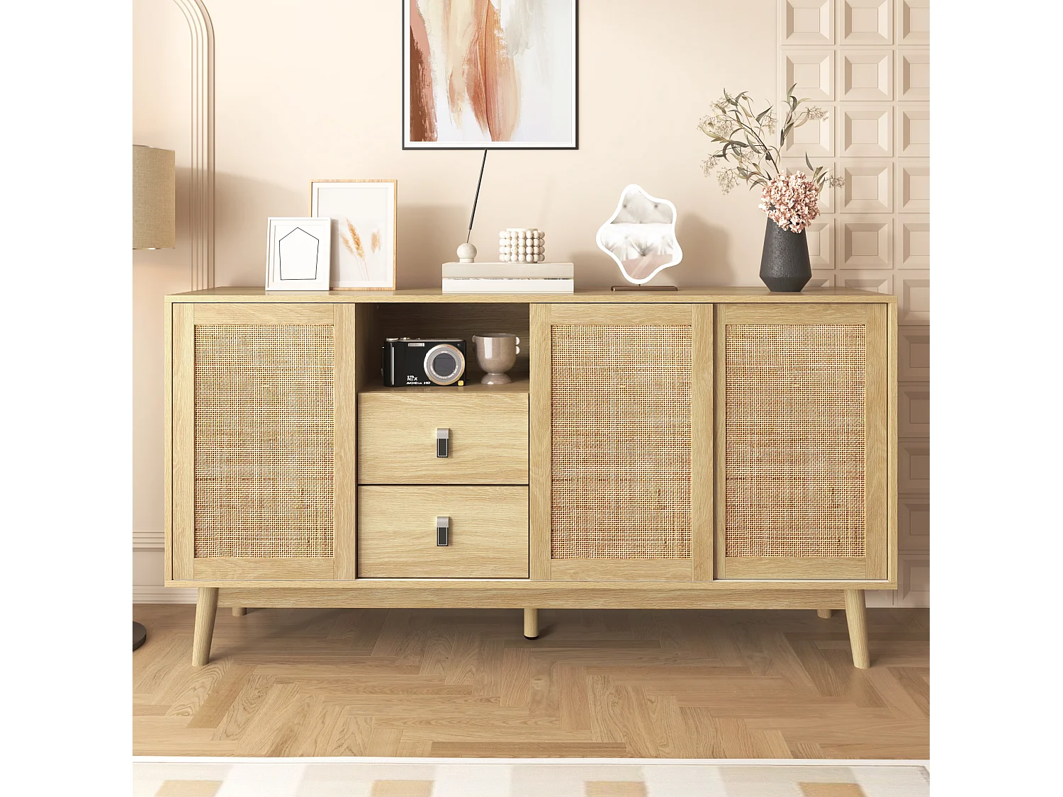 Houten dressoir met 3 deuren en 2 lades voor multifunctionele opbergruimte 155x38x80 cm
