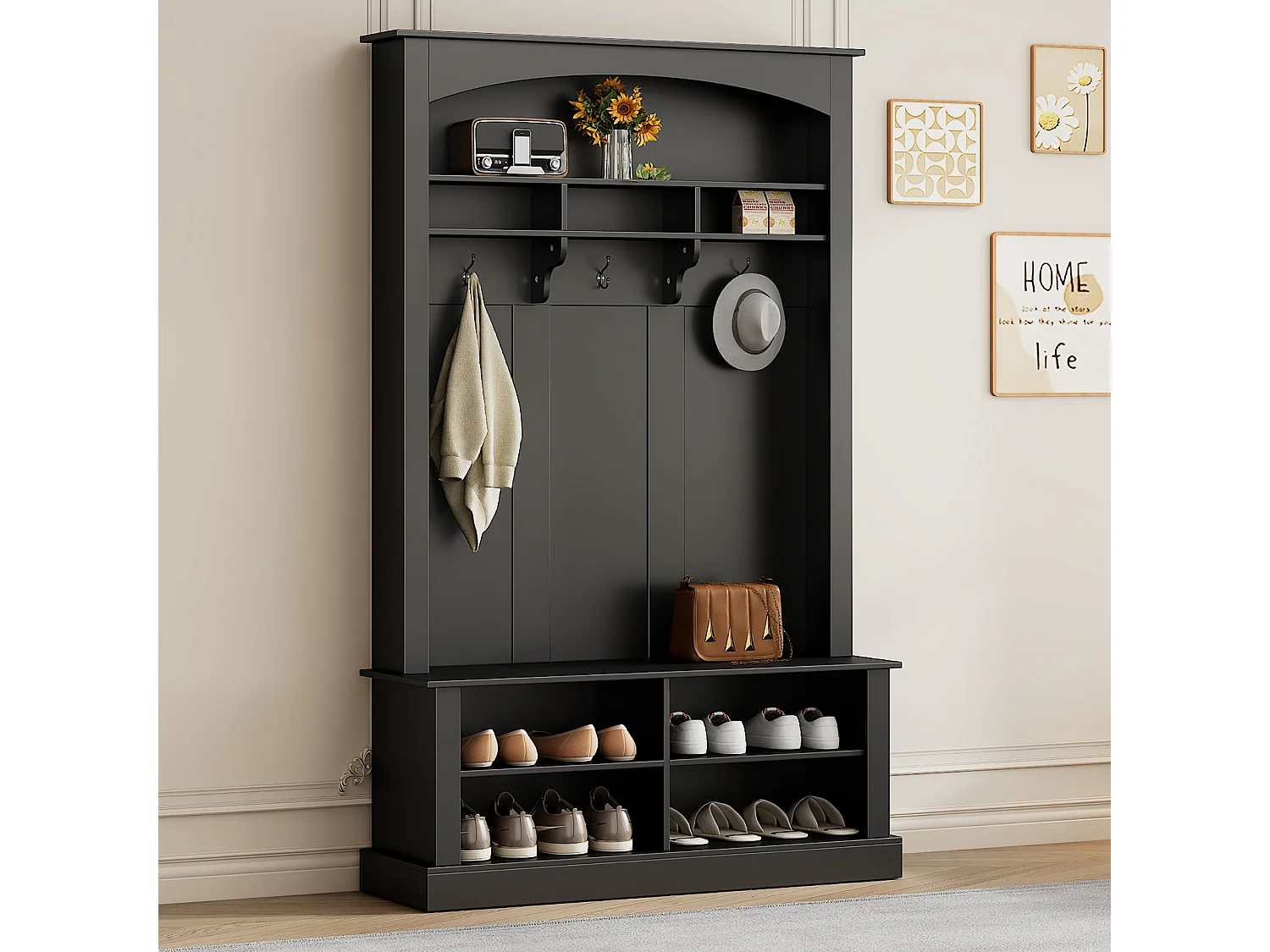 Kapstokset met bank en plank, 3 hanghaken, open planken, spaanplaat, zwart (H190 x B120 x D40 cm)