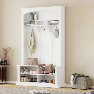 Kapstokset met bank en plank, 3 hanghaken, open planken, spaanplaat, wit, (H190 x B120 x D40 cm) Kapstokset met bank en plank, 3 hanghaken, open planken, spaanplaat, wit, (H190 x B120 x D40 cm)