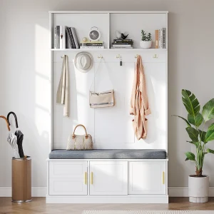 Kapstok met schoenenbank, 6 drievoudige haken, modern design, spaanplaat, wit (120x40x191 cm) Kapstok met schoenenbank, 6 drievoudige haken, modern design, spaanplaat, wit (120x40x191 cm)