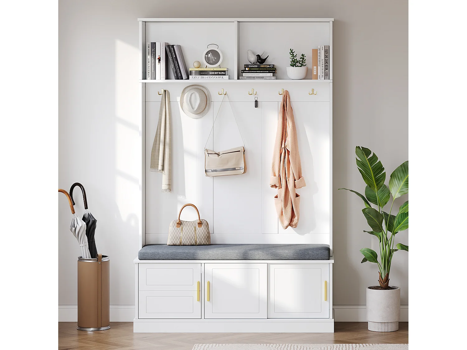 Kapstok met schoenenbank, 6 drievoudige haken, modern design, spaanplaat, wit (120x40x191 cm)