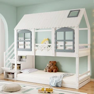Houten stapelbed met 3 ladders, opbergruimte en lattenbodem, kinderbed 90×200 cm, wit Houten stapelbed met 3 ladders, opbergruimte en lattenbodem, kinderbed 90×200 cm, wit