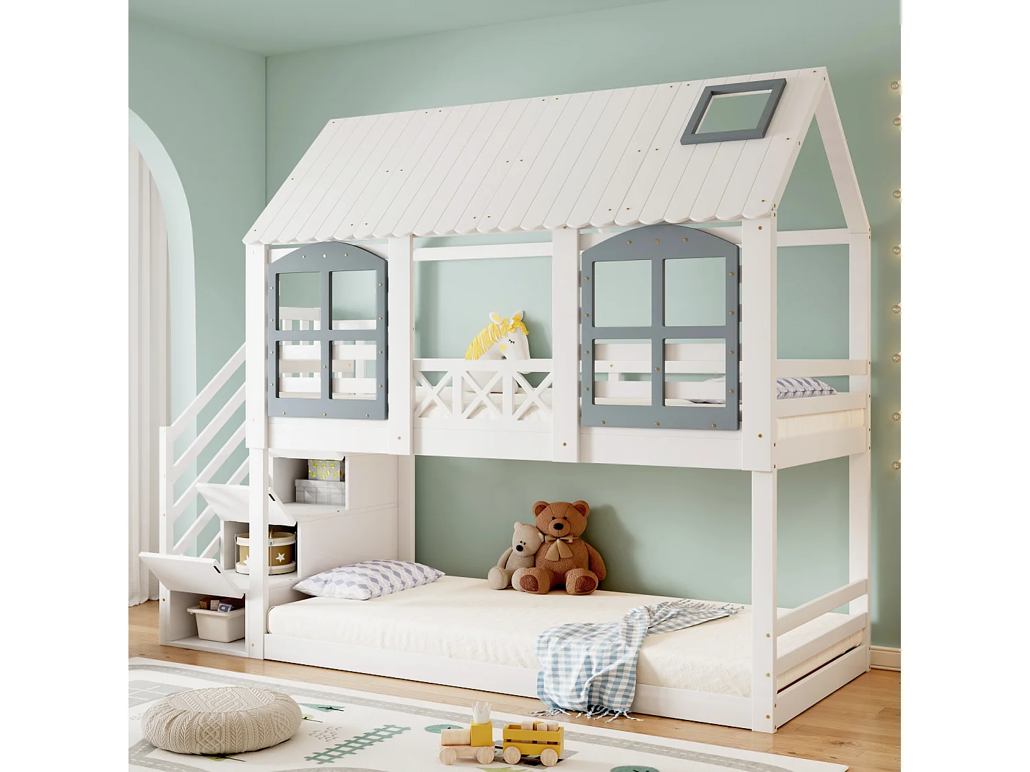 Houten stapelbed met 3 ladders, opbergruimte en lattenbodem, kinderbed 90x200 cm, wit