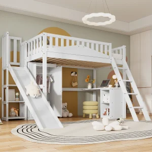 Hoogslaper, 90 x 200 cm, stapelbed, met tafel en kledingkast, met ladder, wit Hoogslaper, 90 x 200 cm, stapelbed, met tafel en kledingkast, met ladder, wit