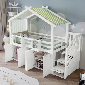 Houten hoogslaper voor kinderen, 90 x 200 cm, met opbergruimte onder het bed, wit