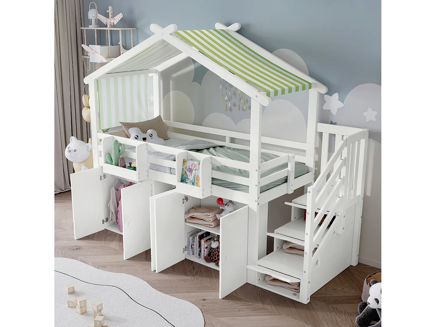 Houten hoogslaper voor kinderen, 90 x 200 cm, met opbergruimte onder het bed, wit